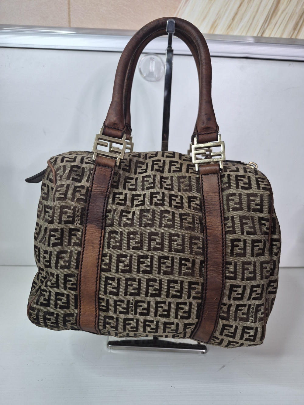 Fendi Zucca Boston Satchel - Brown/Beige